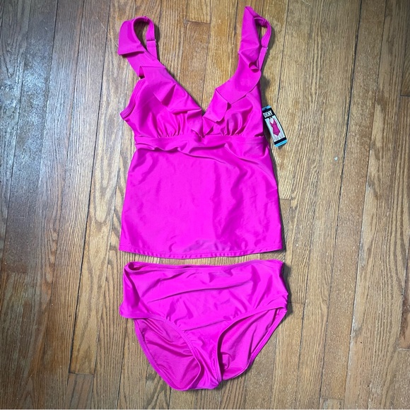 NWT DKNY Hot  Pink Two Piece Swimsuit Ruffle Plunge Large Bikini Tankini V-neck - Picture 2 of 13